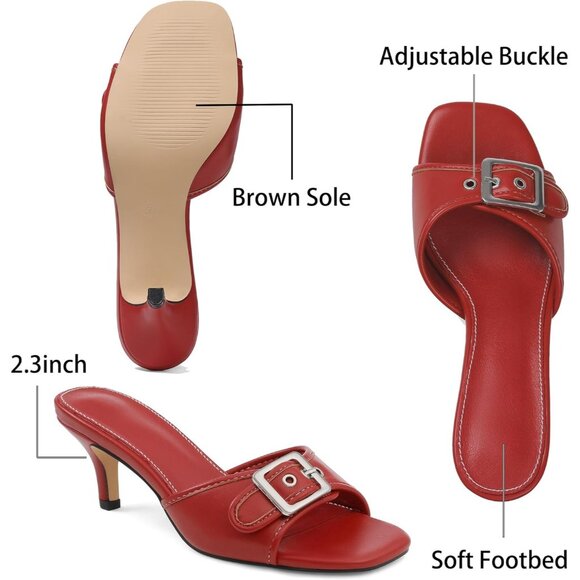 Women's Red Square Open Toe Low Heel Slip On Buckle Strap Heeled Sandals - Picture 4 of 6